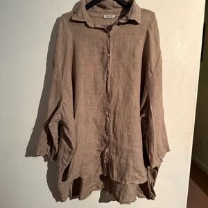 Puro Lino Womens OS Oversized Tunic Button down Linen Resortwear Lagenlook